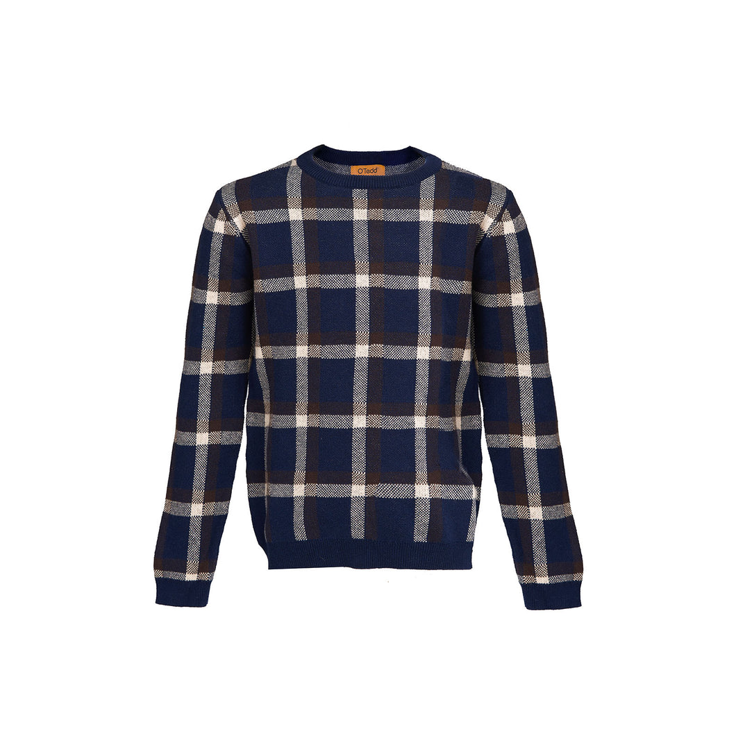 Navy Tartan Round Neck Jumper - OTedd